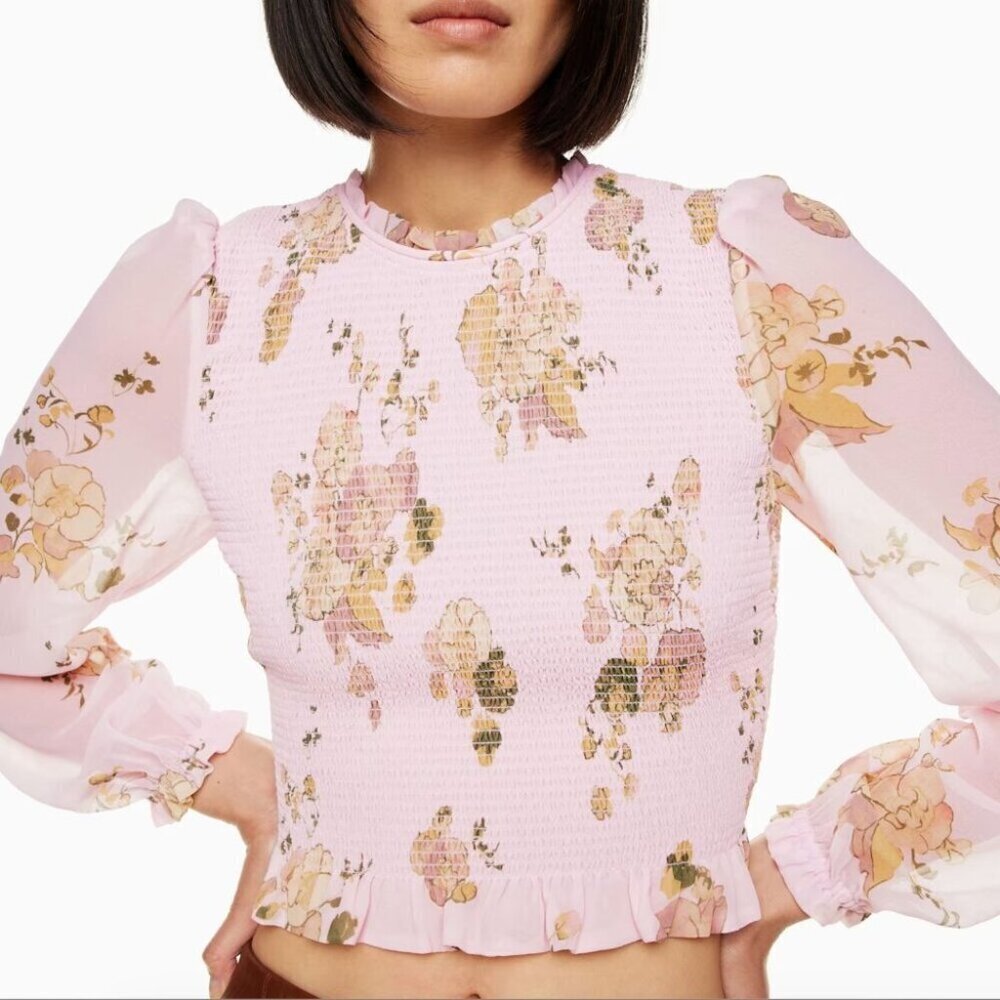 Aritzia  New Tempest Smocked Chiffon Blouse Talc Pink Sandy Beige Floral Small